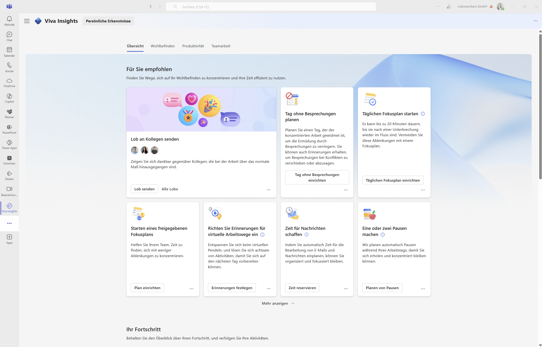 Screenshot Viva Insights in Teams digitales Wohlbefinden