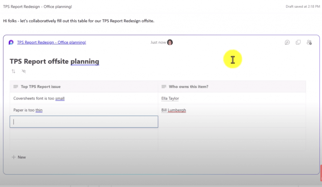 Screenshot Loop Tabelle in Outlook