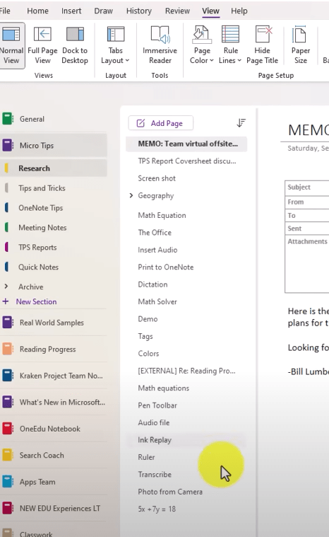 Screenshot OneNote Tab Layout