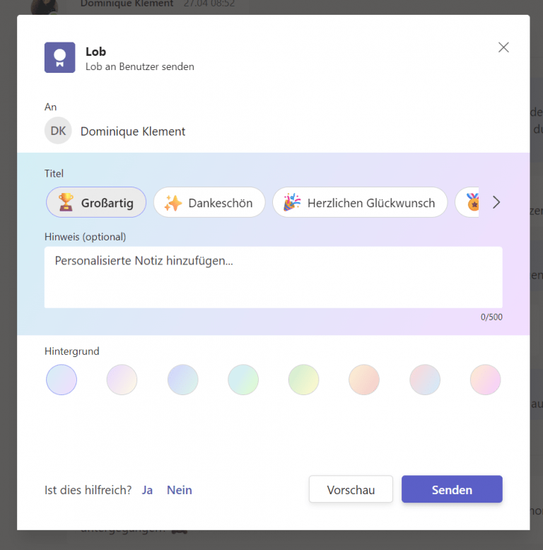 
Screenshot Loben Funktion in Teams
