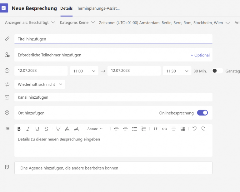 Screenshot Besprechung planen mit neuer Loop Agenda