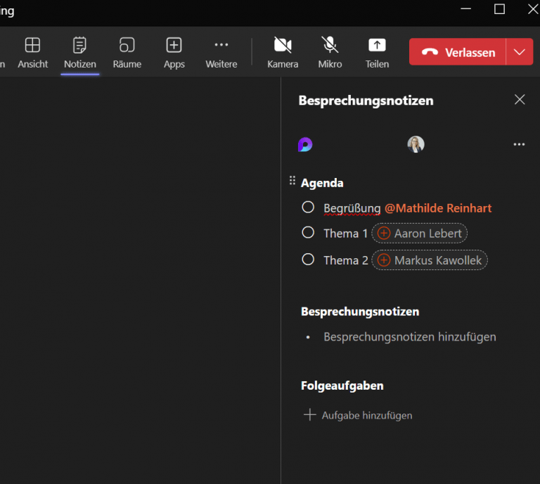 Screenshot Loop Agenda in einer Teams Besprechung