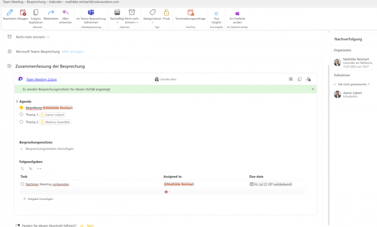Screenshot Nachbearbeitung der Besprechung mit der Loop Agenda