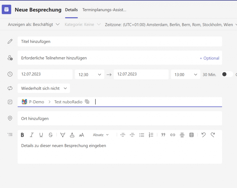 Screenshot Kanalbesprechung planen über Teams Kalender