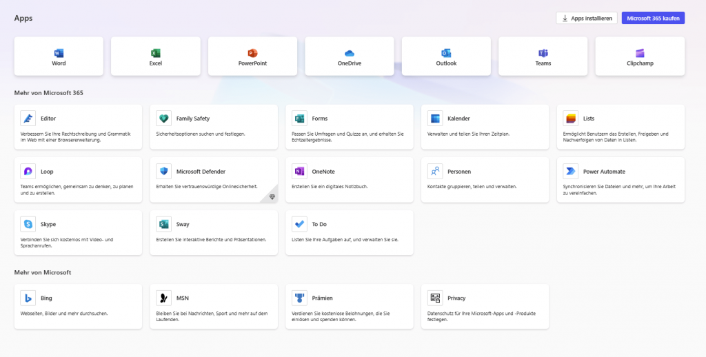 Screenshot Microsoft 365 enthaltene Apps