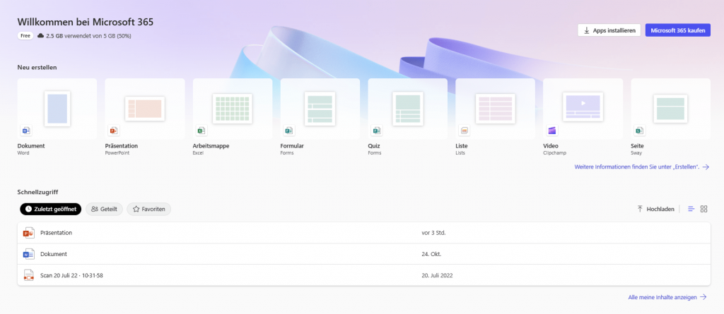 Screenshot Microsoft 365 Startseite