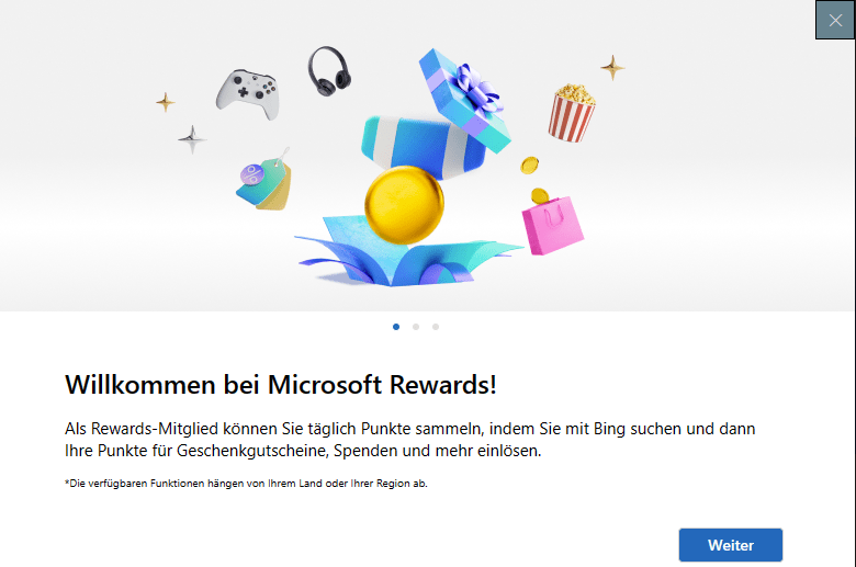 Screenshot Microsoft Rewards Prämien - Willkommennsbanner