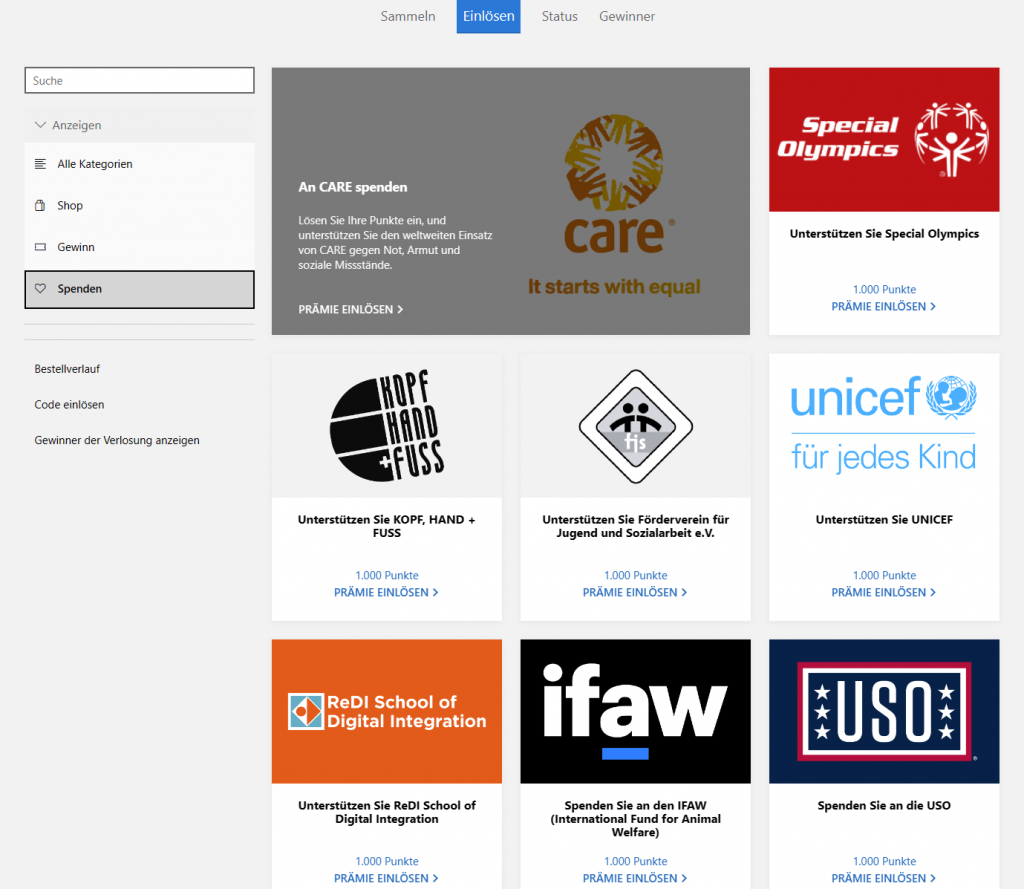 Screenshot Microsoft Rewards Prämien Spenden-Seite