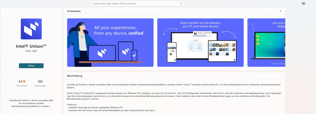 Screenshot Intel® Unison™ App im Microsoft Store