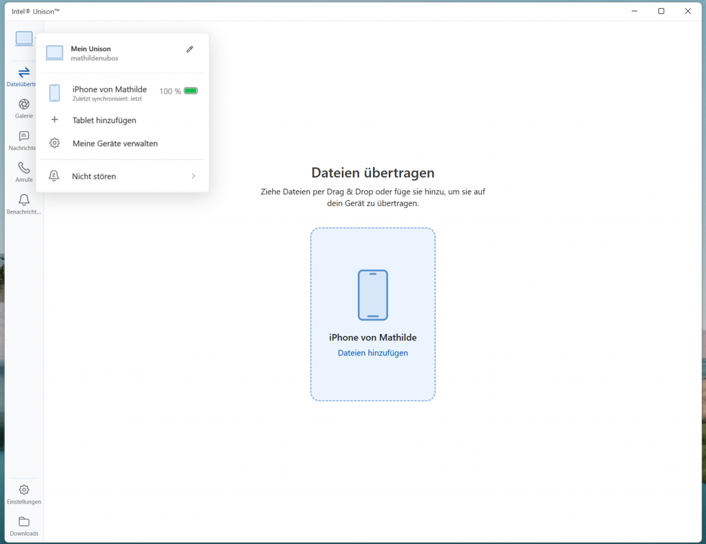 Screenshot Intel® Unison™ App Startseite