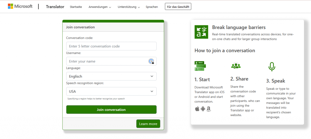 Screenshot Microsoft Translator - Webapp