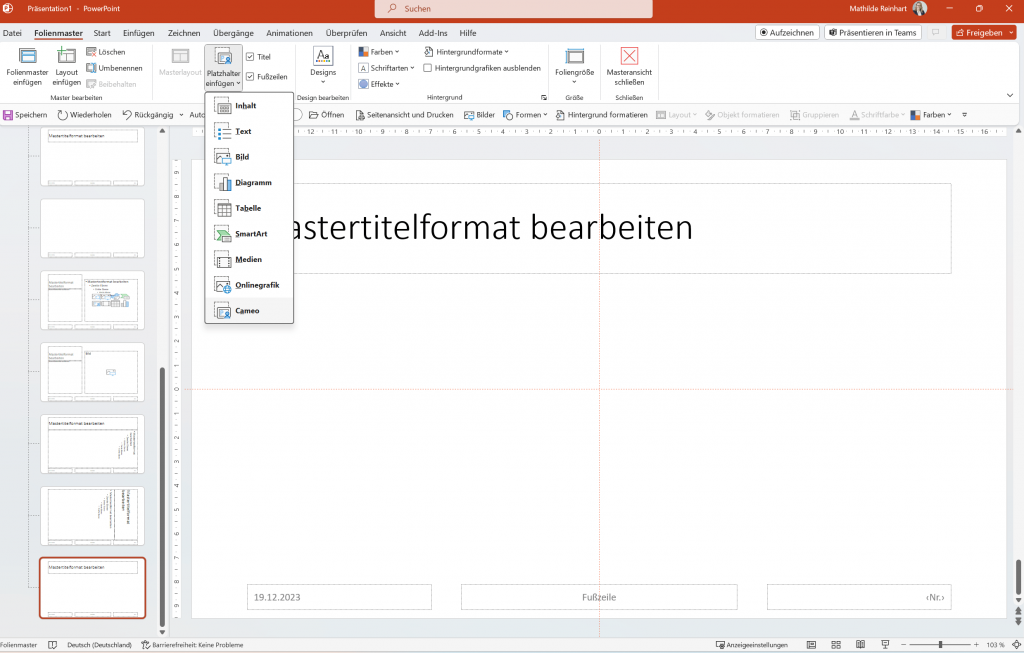 Screenshot PowerPoint Cameo in Masterfolie