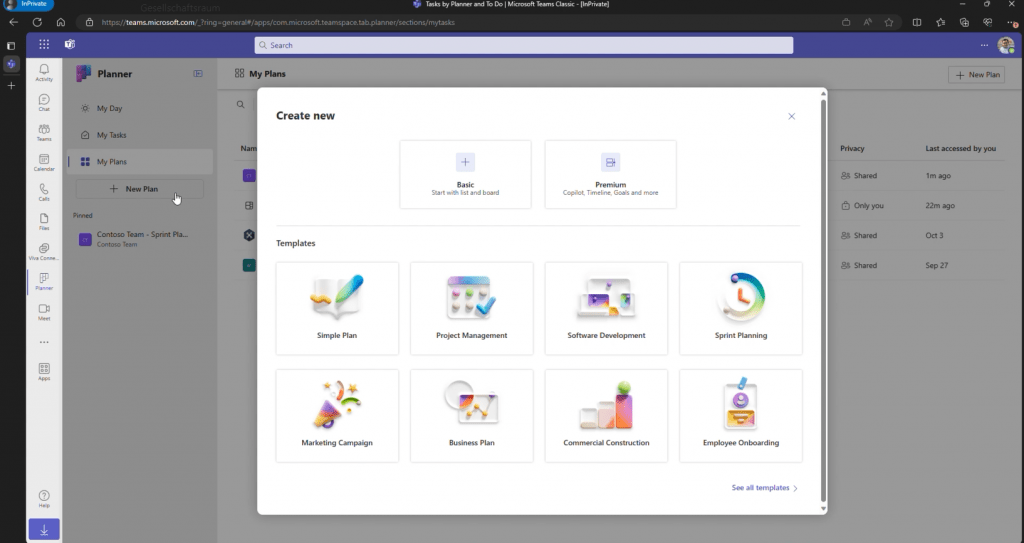 Screenshot neuer Planner: Vorlagen