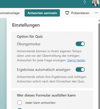 Screenshot Forms Einstellungen: Übungsmodus