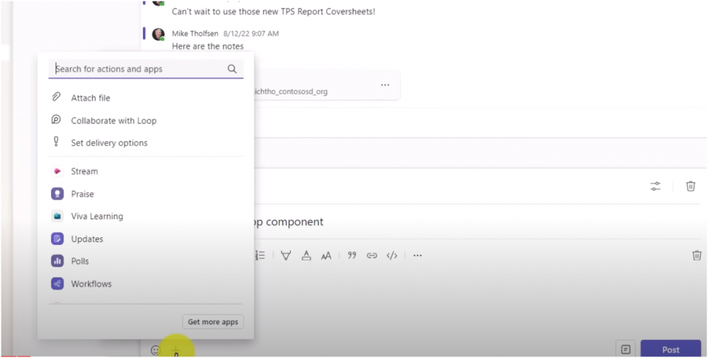 Screenshot Loop Komponente im Teamskanal