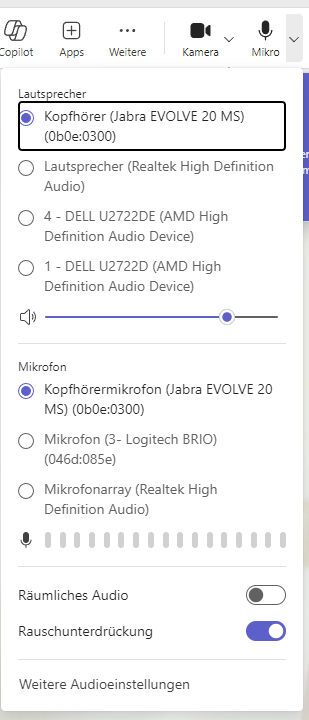 Screenshot Audioeinstellungen Teams Meeting