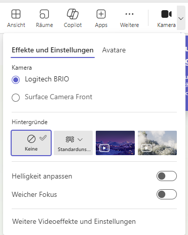 Screenshot Videoeinstellungen Teams Meeting