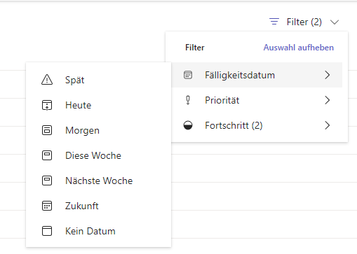 Screenshot Planner Filtermöglichkeiten