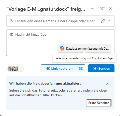 Screenshot Dokument teilen mit Copilot Zusammenfassung