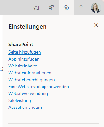 Screenshot SharePoint Einstellungen