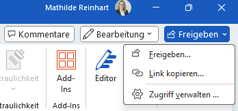 Screenshot Dokument freigeben in Microsoft Office App