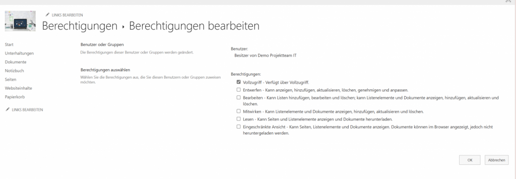 Screenshot Berechtigungen in SharePoint ändern