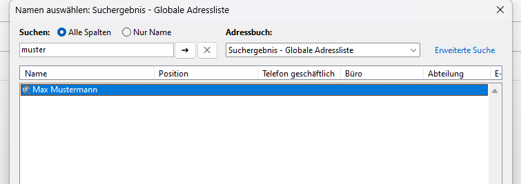 Outlook Personen Adressbuch Suchanfrage
