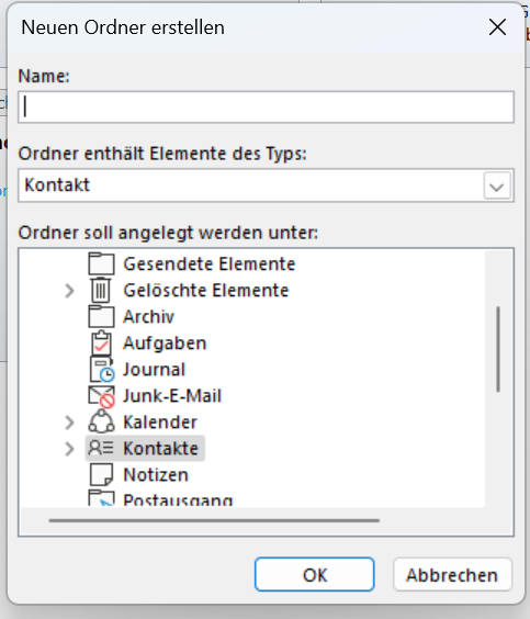 Screenshot Outlook Personen neuer Ordner erstellen