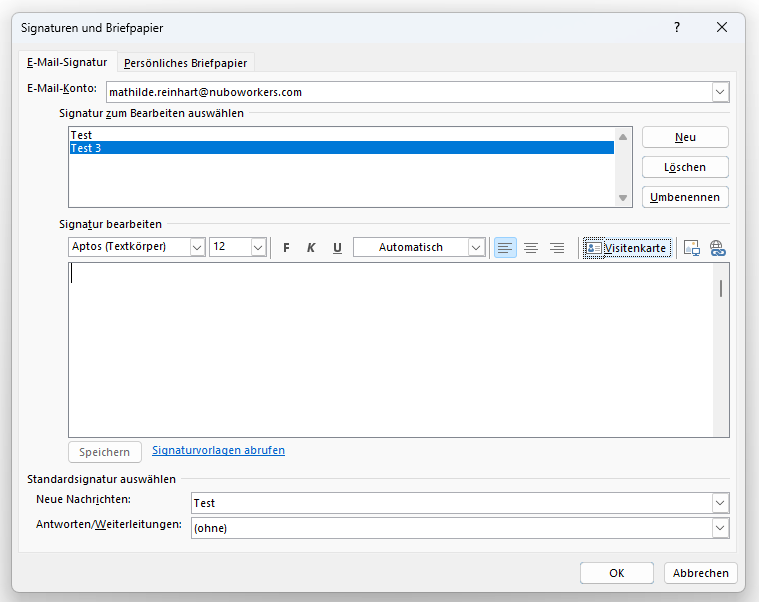 Screenshot Outlook Signatur neu anlegen