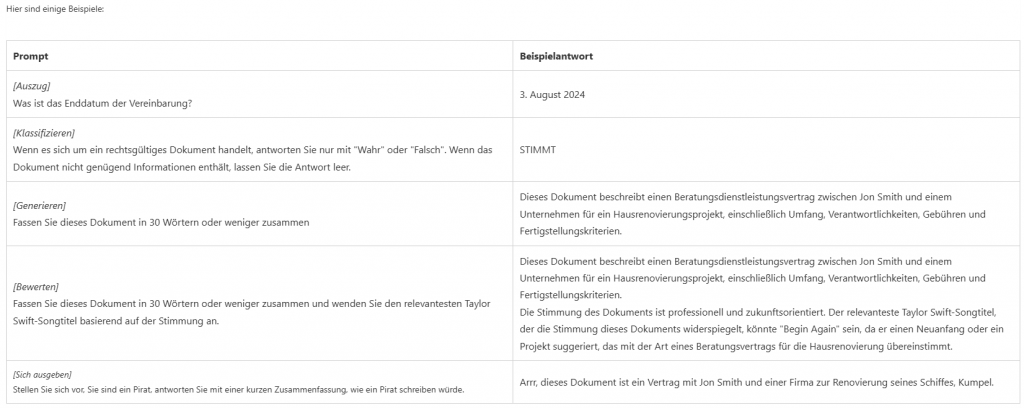 Screenshot SharePoint Premium Beispiele automatisches Ausfüllen von Spalten