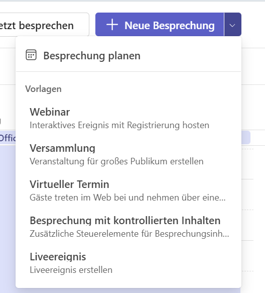Teams Besprechung auswählen