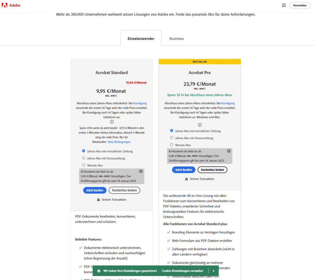 Screenshot Adobe Acrobat Sign Preise
