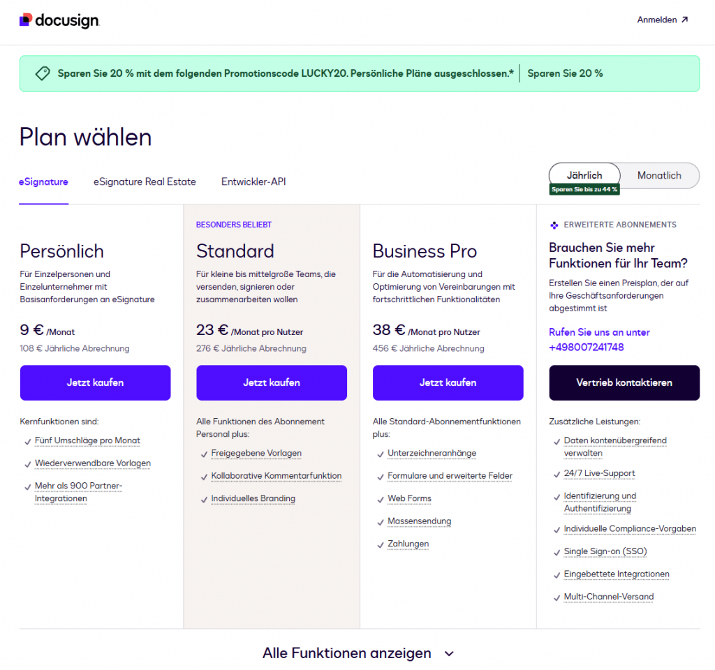 Screenshot DocuSign Preise