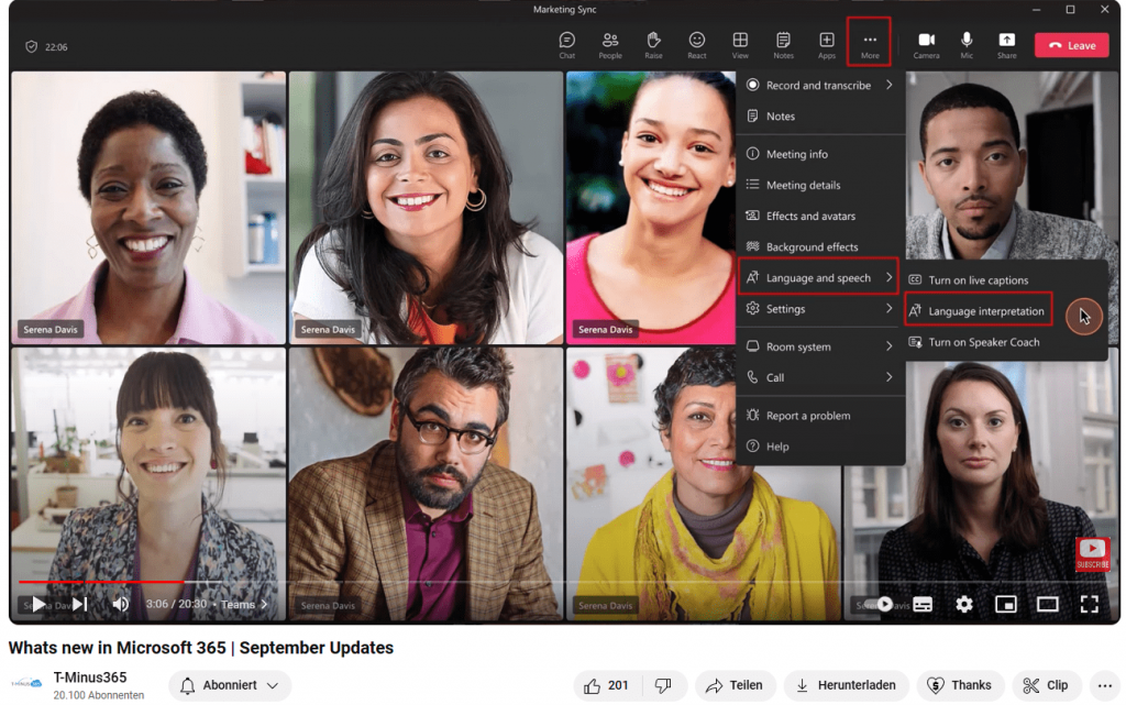 Screenshot Teams Meeting Übersetzungseinstellungen auswählen