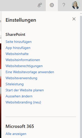 Screenshot SharePoint Einstellungen