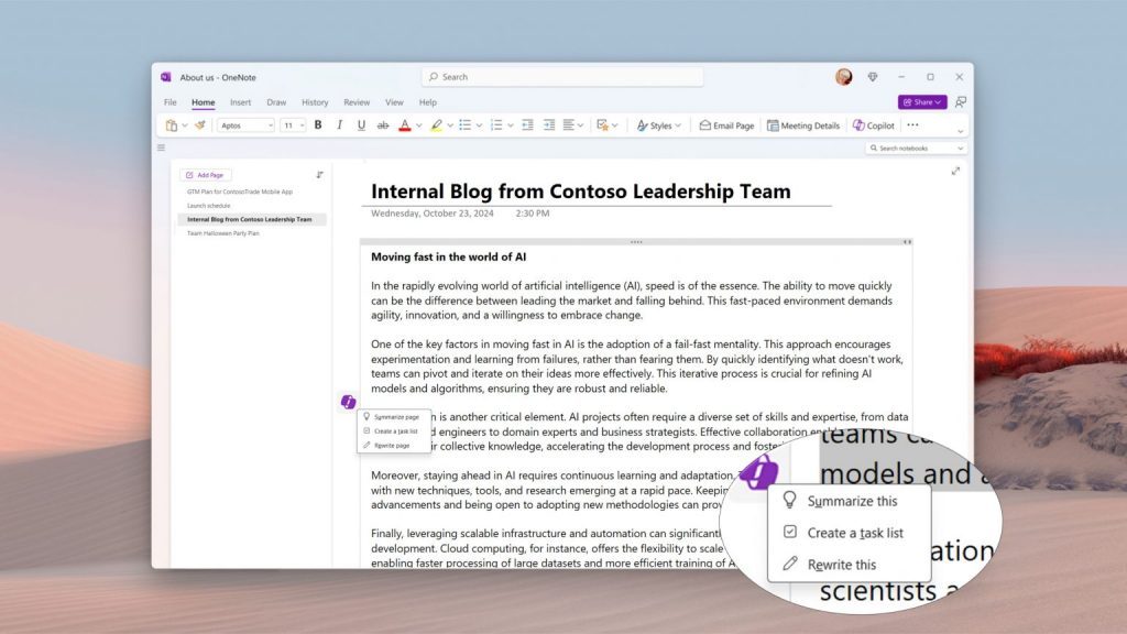 Microsoft OneNote Copilot Integration auf der Seite