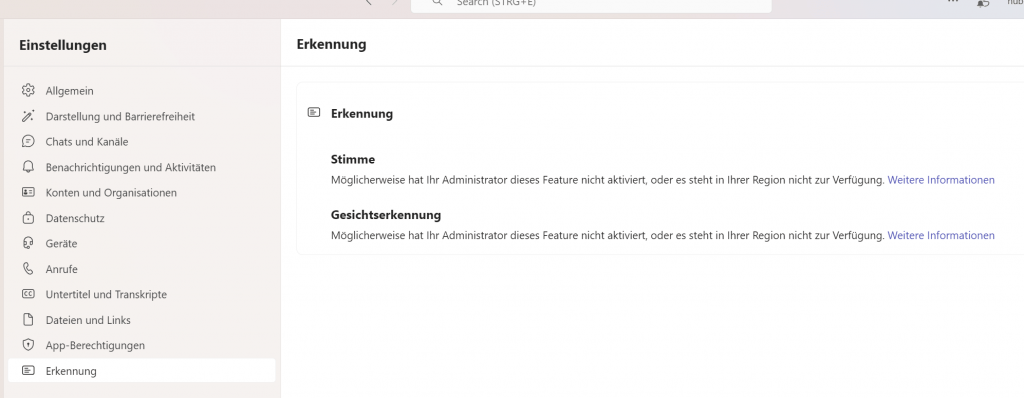 Screenshot Teams Einstellungen "Erkennung"