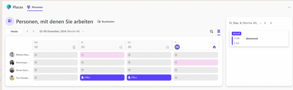 Screenshot MS Places Ansicht ohne LizenzSo ungefähr kann das dann im neuen Outlook aussehen, wenn du auf einen Tag klickst. In unserem Fall wurde hier weder ein Schreibtisch extra gebucht, noch sind andere Mitarbeitende im Büro.