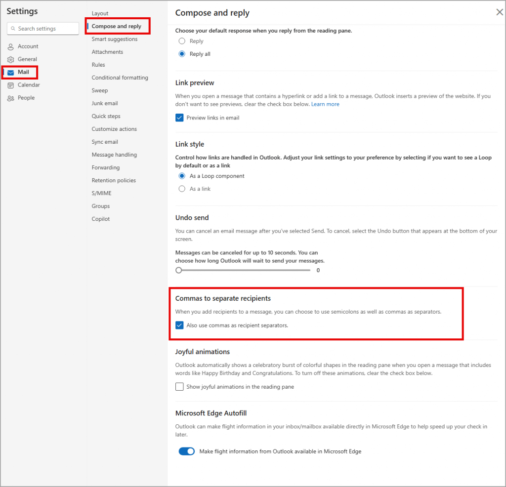 Outlook Empfänger per Komma trennen