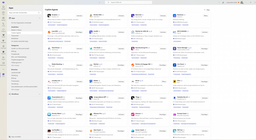 Screenshot Teams Apps - Copilot Agents hinzufügen
