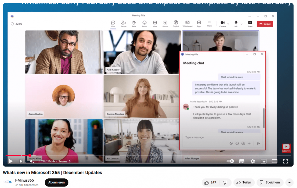 Screenshot Pop Out Team Meetings Notizen, Copilot usw.