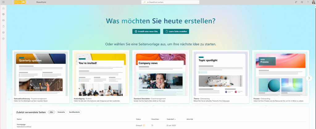 Screenshot SharePoint StartseiteZusätzlich zur Navigation und dem Zugriff auf Inhalte bietet die SharePoint Start Page eine benutzerfreundliche Oberfläche, die schnell und effizient auf wichtige Informationen zugreifen und diese verwalten lässt.