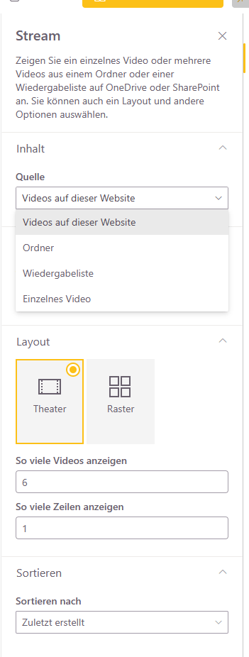 Screenshot SharePoint Stream Webpart Einstellungen