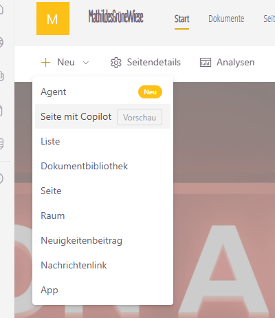 Screenshot SharePoint Seite mit Copilot erstellen
