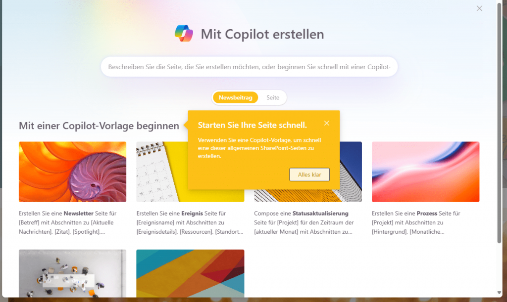 Screenshot SharePoint Seite mit Copilot erstellen Start