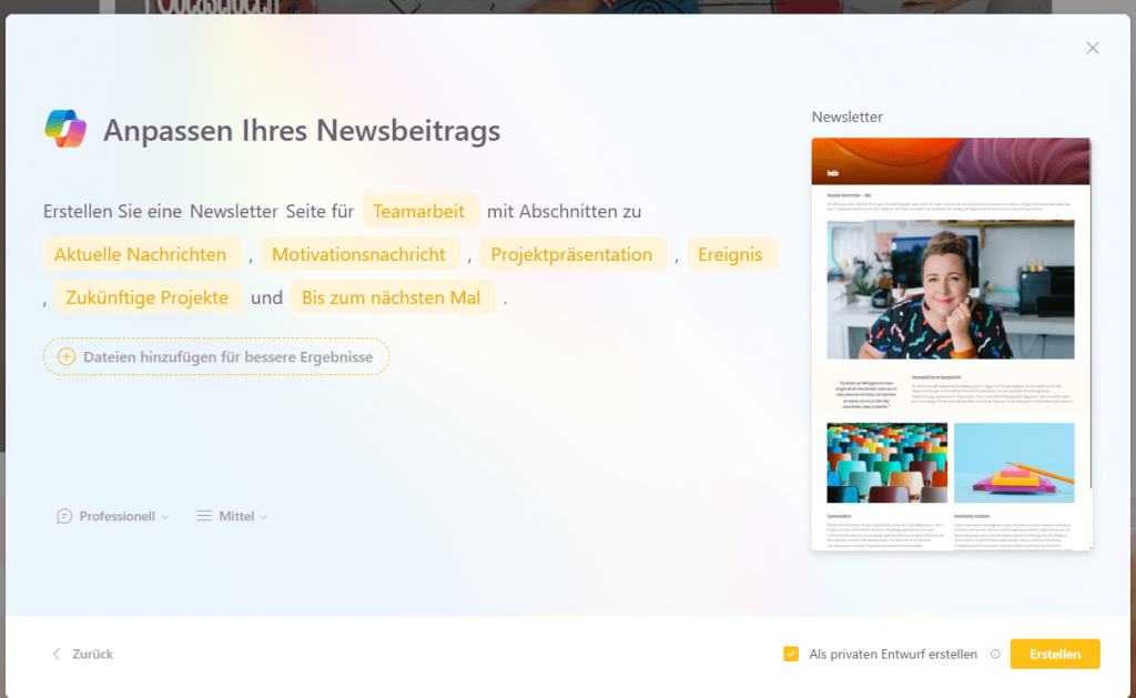 
Screenshot SharePoint Copilot Seite anpassen