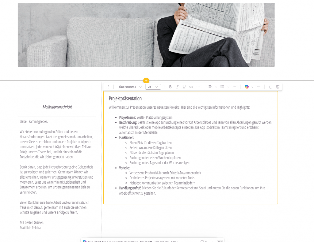 
Screenshot SharePoint Seite erstellen lassen mit Copilot