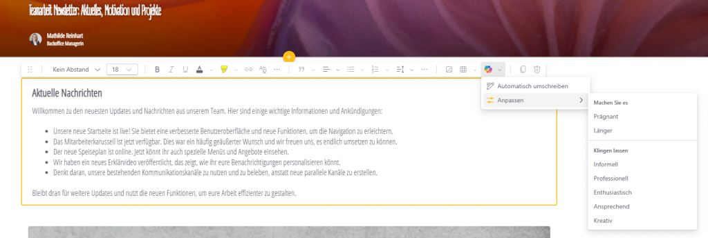 Screenshot SharePoint Webpart mit Copilot bearbeiten