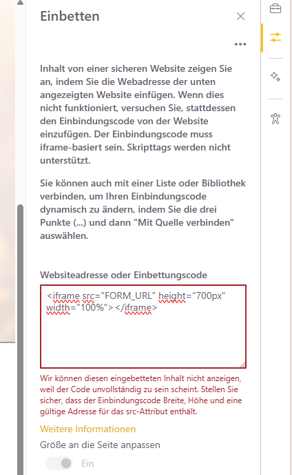Screenshot SharePoint Webpart Embed Code einfügen Loop Seite