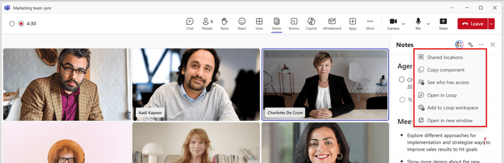 Screenshot Teams Besprechung vereinfachter Notizenbereich 2